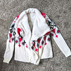 Love By Design Open Cardigan Sweater Sherpa Off White Pink Black Southwestern